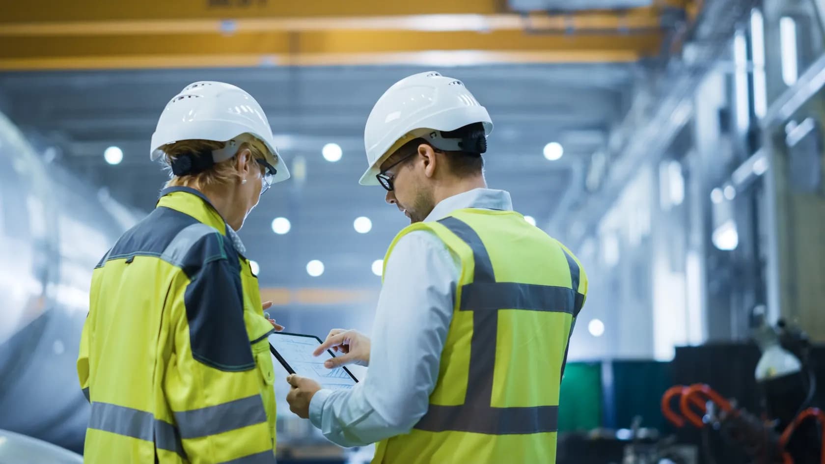 Health and safety workers in hard hats and hi-vis vests